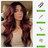 economico Parrucche trendy sintetiche-parrucca lunga ondulata bordeaux per le donne parrucca riccia rossa da 26 pollici parte centrale parrucca in fibra sintetica resistente al calore dall&#039;aspetto naturale per l&#039;uso quotidiano nelle feste