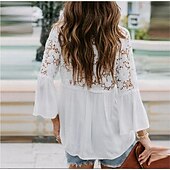 cheap Basic Women&#039;s Tops-Shirt Boho Shirt Lace Shirt Blouse Women&#039;s Black White Pink Solid Color Lace Button Street Daily Fashion V Neck S