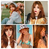 economico Parrucche trendy sintetiche-parrucca ramata con frangia parrucche di capelli naturali per le donne parrucca lunga a strati per le ragazze radici scure parrucca rame rosso ombre resistente al calore parrucca sintetica arancione