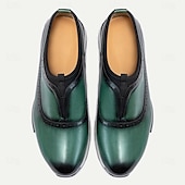 cheap Premium Leather Sneakers-Men&#039;s Premium Cowhide Leather Slip-On Loafers – Green and Black Brogue Design, Comfortable Cushioned Sole, Casual and Formal Shoes