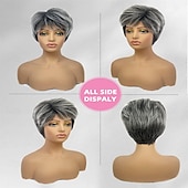 cheap Older Wigs-Pixie Cut Short Gray Wigs for White Women Sassy Short Haircuts for Older Lady Mixed Black Grey Highlight Synthetic Wig with Bangs for Daily Party Use
