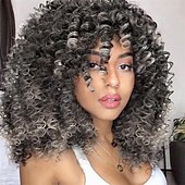 economico Parrucche da festa-Parrucche Corte Ricce per Donne Nere - Ombre Marrone Colorato Afro Parrucche Sintetiche Ricce con Frangia Parrucche di Halloween