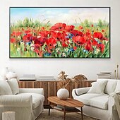 preiswerte Blumen-/Botanische Gemälde-Ölgemälde, handgemaltes Mohnfeld-Gemälde, Kunstwerk, handgefertigtes Wildblumen-Ölgemälde, Landschaft, rote Mohnblumen, Ölgemälde für Wohnzimmer, Schlafzimmer, Hotelwand, Heimdekoration