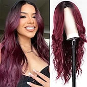 economico Parrucche trendy sintetiche-parrucca lunga ondulata bordeaux per le donne parrucca riccia rossa da 26 pollici parte centrale parrucca in fibra sintetica resistente al calore dall&#039;aspetto naturale per l&#039;uso quotidiano nelle feste
