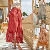 abordables Jupes-Femme Jupe Trapèze Balançoire Bohême Mode Décontractées Bohème Maxi Taille haute Jupes Floral Cordon Imprimer Pointes fourchues Vacances du quotidien Jaune Rouge Vert Eté Rayonne