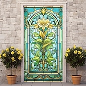 billige Dørdeksler-farget glass mandala dørdeksler veggmaleri dekor dør billedvev dør gardin dekorasjon bakteppe dør banner avtakbar for inngangsdør innendørs utendørs hjemme rom dekorasjon gårdshus dekor forsyninger
