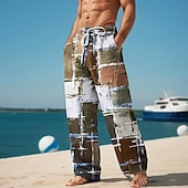 cheap Men&#039;s Printed Casual Pants-Plaid Color Block Men&#039;s Resort 3D Printed Casual Pants Trousers Elastic Waist Drawstring Loose Fit Straight-Leg Summer Beach Pants S TO 3XL