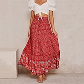 tanie Spódnice graficzne-spódnica damska linia swing bohemia maxi spódnice z wysokim stanem kwiatowy wzór kwiatowy wakacje wakacje lato casual boho morela czerwony