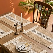 abordables Manteles-Estera de comida de cuerda de cáñamo, estera de vajilla de algodón y lino con forma de diamante geométrico, color tejido a juego, estera para cuenco con borlas de vacaciones, material natural, estilo