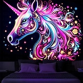 tanie Blacklight gobelin-gobelin z czarnym światłem UV reaktywny świecący w ciemności świecący neonowy jednorożec zwierzęcy psychodeliczny trippy mglisty wiszący gobelin ścienny sztuka mural do salonu sypialni