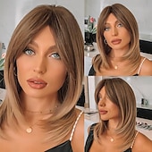 economico Parrucche da festa-parrucca bionda con frangia parrucche bionde corte e ondulate con radici scure per donne capelli sintetici resistenti al calore parrucche carine dall&#039;aspetto naturale per