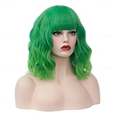 economico Parrucche da festa-parrucca da donna verde brillante ombre parrucca corta riccia ondulata lunghezza spalla frangia piatta parrucca per donna ragazza cosplay festa di halloween berretto per parrucca incluso parrucche