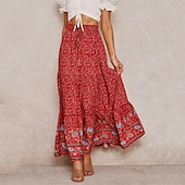 tanie Spódnice graficzne-spódnica damska linia swing bohemia maxi spódnice z wysokim stanem kwiatowy wzór kwiatowy wakacje wakacje lato casual boho morela czerwony