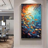 abordables Peintures à l&#039;huile-Peinture à l&#039;huile de poissons nageurs peints à la main sur toile, peinture animale extra large, art mural fait à la main, art abstrait de poisson, peinture personnalisée, décoration minimaliste pour
