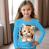 billiga Flickans 3D-djur-Flickor 3D Tecknat Katt Volang T-shirt Rosa Långärmad 3D-tryck Vår Höst Aktiv Mode söt stil Barn 3-12 år Rund hals Utomhus Ledigt Dagligen Normal