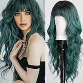 abordables Perruques Synthétiques Sans Bonnet-Perruques blondes sales ombrées avec frange blonde longue perruque ondulée pour femmes perruque de cheveux synthétiques bouclés longs pour usage quotidien de fête 24 pouces