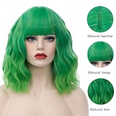 economico Parrucche da festa-parrucca da donna verde brillante ombre parrucca corta riccia ondulata lunghezza spalla frangia piatta parrucca per donna ragazza cosplay festa di halloween berretto per parrucca incluso parrucche