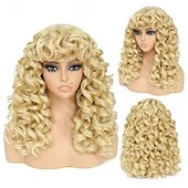 abordables Perruques de fête-perruque bouclée grande perruque bouclée pour femmes blanches et noires perruque afro bouclée longue de 20 pouces avec frange perruques de remplacement de cheveux synthétiques pour cosplay et