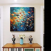 abordables Peintures à l&#039;huile-Peinture à l&#039;huile de poissons nageurs peints à la main sur toile, peinture animale extra large, art mural fait à la main, art abstrait de poisson, peinture personnalisée, décoration minimaliste pour