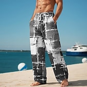cheap Men&#039;s Printed Casual Pants-Plaid Color Block Men&#039;s Resort 3D Printed Casual Pants Trousers Elastic Waist Drawstring Loose Fit Straight-Leg Summer Beach Pants S TO 3XL