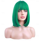 baratos Peruca para Fantasia-peruca verde para mulheres peruca bob verde curta reta peruca verde esmeralda com franja sintética resistente ao calor halloween cosplay peruca cosutme perucas do dia de são patrício