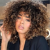 economico Parrucche da festa-Parrucche ricce per donne nere 14 pollici parrucche afro ricce morbide con frangia parrucche ricce miste in tinta biondo marrone parrucche ricce complete per uso quotidiano parrucche di Halloween