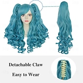 baratos Perucas Históricas-Peruca Longa Cacheada Azul com Rabo de Cavalo Peruca Azul Claro com 2 Rabos de Cavalo Peruca Lolita Azul com Franja para Mulheres Peruca Anime Peluca Azul para Fantasia Carnaval Halloween