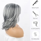 abordables peluca vieja-Pelucas de sal y pimienta para mujer, color gris plateado ombre, peluca en capas bob con flequillo de cortina, cortes de pelo cortos de duendecillo para mujeres mayores, pelucas bob sintéticas de