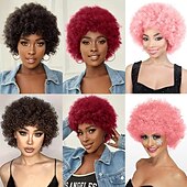 baratos Perucas de Carnaval-Perucas Afro Cacheadas para Mulheres Negras Peruca Cacheada Curta de 8 Polegadas com Franja Resistente ao Calor Sintética Para Uso Diário e Festas Halloween