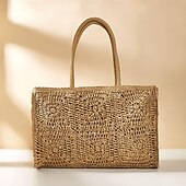 tanie Torby i torebki-damska torba typu tote z plecionej słomy z wzorem szydełkowym i dwoma uchwytami, torebka boho na lato, plażę, wakacje, piknik i nieformalne wyjścia