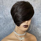 baratos Perucas capless de cabelo natural-Peruca bob cabelo humano curto corte pixie perucas para mulheres negras peruca de cabelo humano com franja peruca em camadas sem cola nenhuma peruca dianteira do laço peruca completa feita à máquina