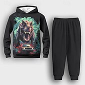 billiga Pojkens 3D-djur-Pojkar 3D Dinosaurie Huvtröja &amp; träningsbyxor Set Långärmad 3d-utskrivning Vår Höst Aktiv Mode Häftig Barn 3-12 år Huva Utomhus Semester Gata Normal