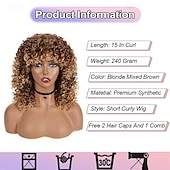 economico Parrucche da festa-Parrucche ricce per donne nere 14 pollici parrucche afro ricce morbide con frangia parrucche ricce miste in tinta biondo marrone parrucche ricce complete per uso quotidiano parrucche di Halloween
