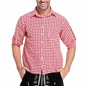 preiswerte Herrenhemd zum Knöpfen-Herren Hemd Freizeithemd Knopfhemd Karierte Hemden Schwarz Rot Grün Langarm Karomuster Revers Karneval Urlaub Tasche Bekleidung Baumwolle Baumwollmischung Mode Lässig Bequem