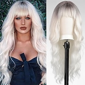 abordables Perruques Synthétiques Sans Bonnet-Perruques blondes sales ombrées avec frange blonde longue perruque ondulée pour femmes perruque de cheveux synthétiques bouclés longs pour usage quotidien de fête 24 pouces