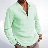 preiswerte Business Casual-Herren Hemd Leinenhemd Hemd mit chinesischem Kragen Hemd mit Stehkragen Sommerhemd Strandhemd Einfach Urlaub Hawaiianisch Beige Langarm Stehkragen Frühling &amp; Herbst Bekleidung Button-Down