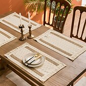 abordables Manteles-Estera de comida de cuerda de cáñamo, estera de vajilla de algodón y lino con forma de diamante geométrico, color tejido a juego, estera para cuenco con borlas de vacaciones, material natural, estilo