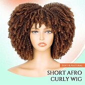 baratos Perucas de festa-Perucas Afro Cacheadas para Mulheres Negras Peruca Curta Cacheada Sintética sem Cola Ombre Marrom 12 polegadas Perucas de Halloween