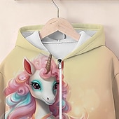 economico Cartone animato 3D della ragazza-Felpa con cappuccio unicorno 3D da ragazza &amp; pantaloni della tuta set manica lunga stampa 3d primavera autunno moda attiva carino poliestere bambini 3-12 anni zip con cappuccio strada esterna