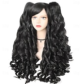 baratos Perucas Históricas-Peruca Longa Cacheada Azul com Rabo de Cavalo Peruca Azul Claro com 2 Rabos de Cavalo Peruca Lolita Azul com Franja para Mulheres Peruca Anime Peluca Azul para Fantasia Carnaval Halloween