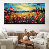 preiswerte Blumen-/Botanische Gemälde-Ölgemälde, handgemaltes Mohnfeld-Gemälde, Kunstwerk, handgefertigtes Wildblumen-Ölgemälde, Landschaft, rote Mohnblumen, Ölgemälde für Wohnzimmer, Schlafzimmer, Hotelwand, Heimdekoration