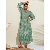 abordables robe décontractée imprimée-Femme Robe Trapèze Ourlet Maxi Robe Maxi Vert manche longue Géométrique Géométrique Printemps Col V Robe Motif Style de mode simple Vacances S M L