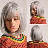 economico Parrucche da festa-parrucca bionda con frangia parrucche bionde corte e ondulate con radici scure per donne capelli sintetici resistenti al calore parrucche carine dall&#039;aspetto naturale per