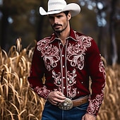cheap Men&#039;s Western Shirts-Men&#039;s Floral Graphic Prints Leaves Shirt Western Shirt Long Sleeve Shirt Turndown Outdoor Street Black Red Navy Blue Print Button-Down Clothing Apparel Fashion Streetwear Designer Western Style