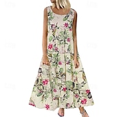 economico Abiti Floreali Stampati-abito lungo da donna senza maniche scollo rotondo stampa floreale vita impero svolazzante estivo casual abbigliamento da spiaggia multicolore taglia unica