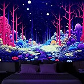 olcso Feketeművilágítás-blacklight gobelin uv reaktív izzás a sötét erdőben trippy ösvény ködös természet táj függő gobelin fali művészeti falfestmény nappali hálószobába
