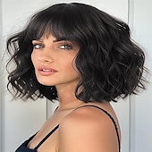 economico Parrucche trendy sintetiche-parrucche marrone scuro per le donne parrucca bob corta ondulata con frangia per le donne parrucche sintetiche a onde corte ricce parrucche per capelli in fibra resistente al calore per tutti i giorni
