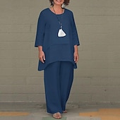 abordables Ensembles-Ensembles en coton et lin pour femmes, ensembles deux pièces, couleur unie, mode, col rond, rue, quotidien, 2 pièces, blanc, bleu, kaki, gris, printemps et automne