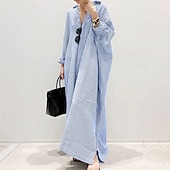 preiswerte bedruckte Kleider aus Baumwolle und Leinen-Damen Schwarz Weiß Hellgrün Sommer Frühling Herbst Maxikleid Baumwoll-Leinen-Kleider Freizeitkleid Shiftkleid Basic Lässig Outdoor Winterkleid Urlaub Lässiger Schnitt Gestreift Hemdkragen