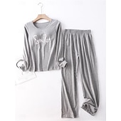 billiga Sovkläder till damer-kvinnors pyjamasset brev mode komfort hem daglig säng bomull andas rund hals långärmad t-shirt t-shirt byxa bröstkuddar sommar vår hem outfits